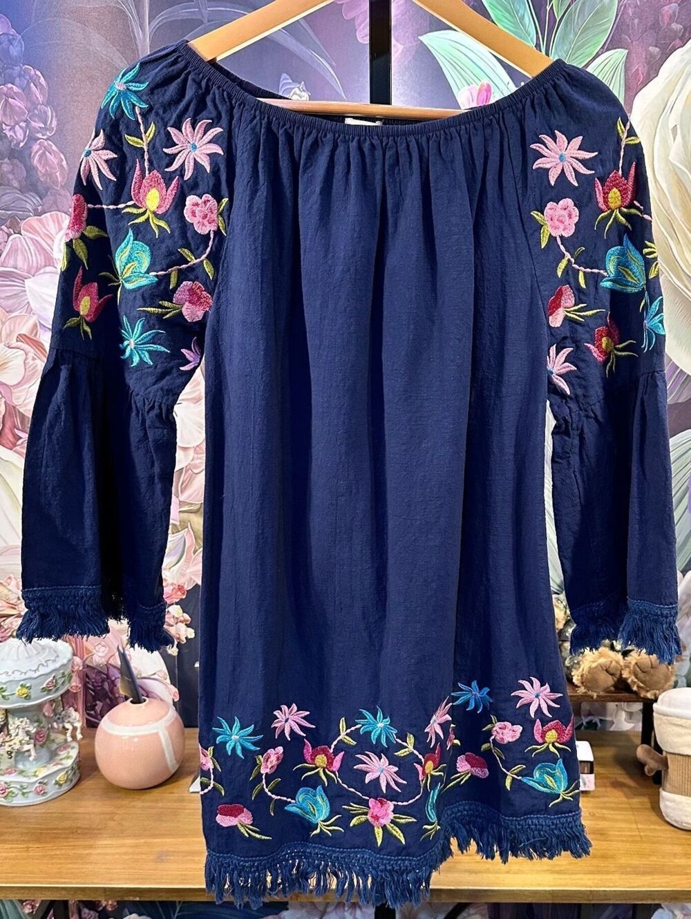 Velzera M 100% Cotton Floral Embroidered Peasant Dress Fringe Boho Festival Navy